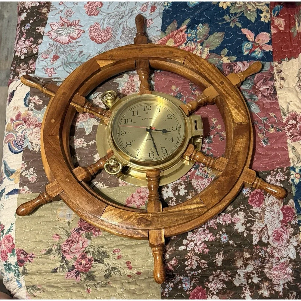 Vtg Brass And Wood Clock 